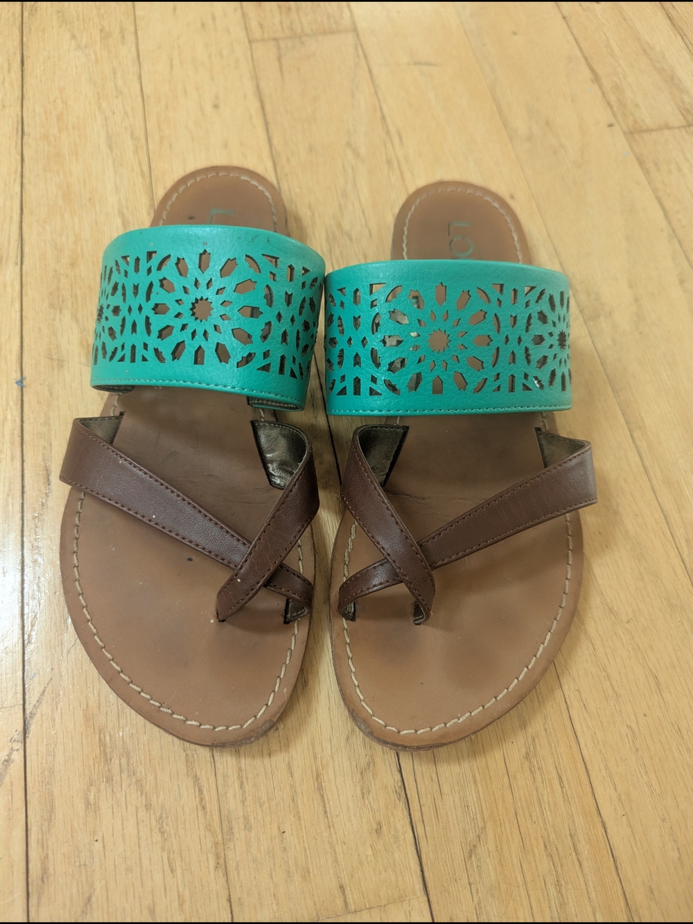 LOFT Teal and Brown Laser-Cut Slide Sandals Toe Ring Loop 5 5M